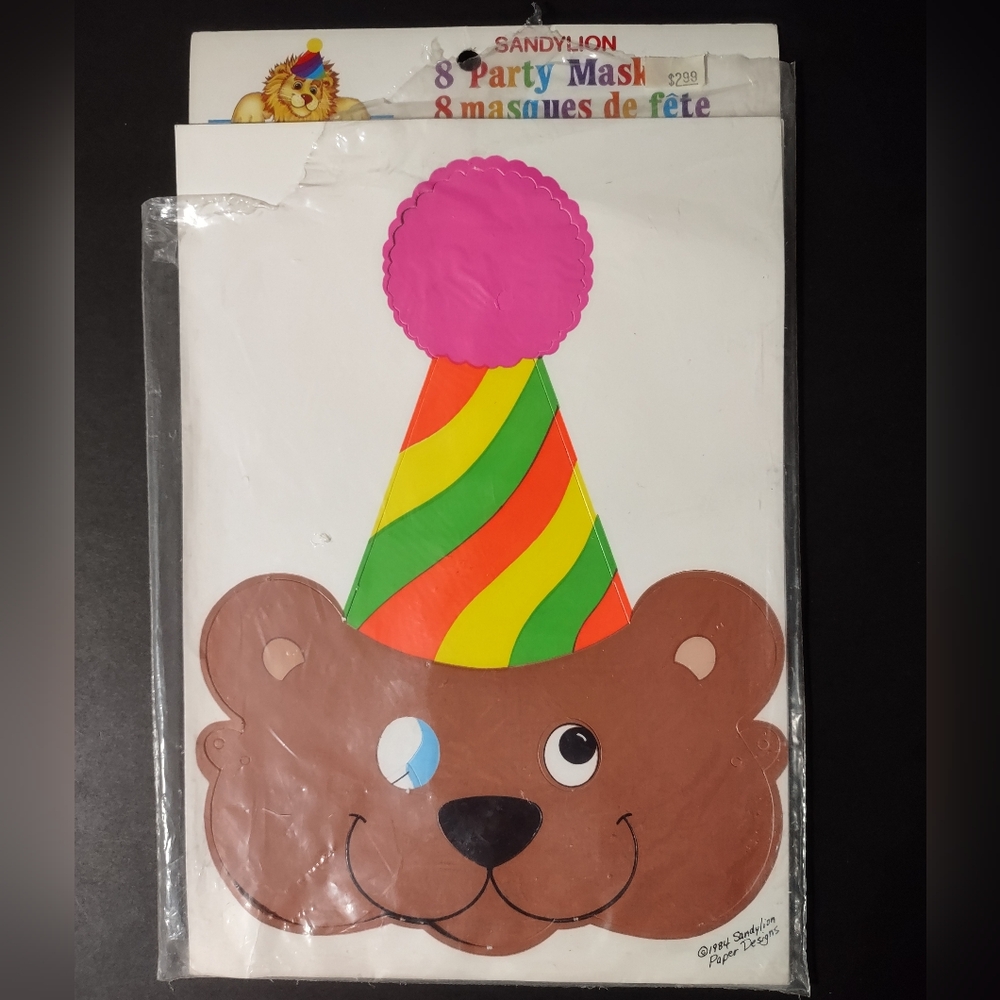 7 Vintage Unused 1984 Sandylion Paper Designs Party Masks Lion Elephant Bear